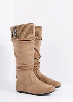 Taupe Buckled Sweater Cuff Suede Boot