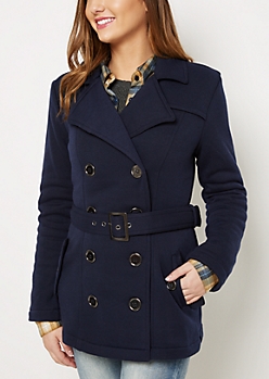 Navy Belted Faux Fur Peacoat