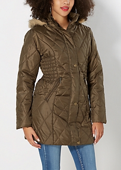 Olive Green Quilted Puffer Coat
