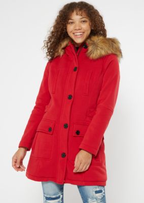 red faux fur coat with hood