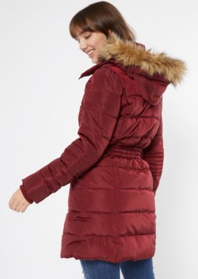 burgundy winter coat with fur hood