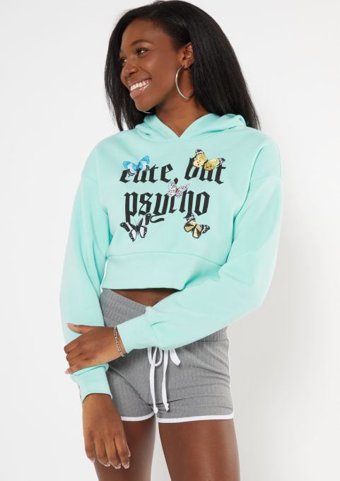 Mint Cute But Psycho Butterfly Print Cropped Hoodie Hoodies Rue21