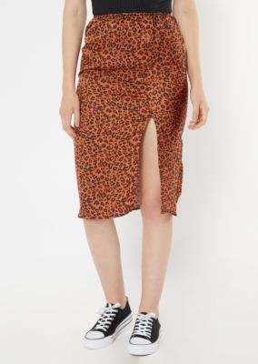 leopard print satin midi skirt