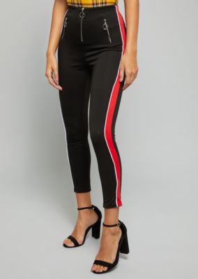 black leather pants with red stripe