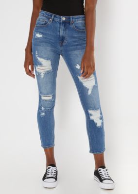 mid blue double knee ripped mom jeans