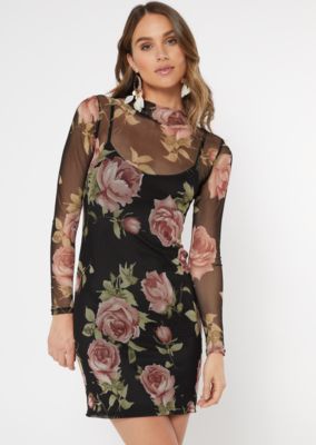 black mesh dress with flowers