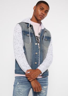 jean jacket with grey hoodie