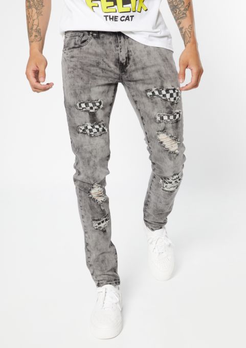 Supreme Flex Gray Acid Wash Checkered Print Skinny Jeans | Skinny