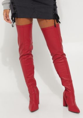 red faux leather boots