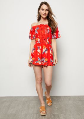 red flowy romper