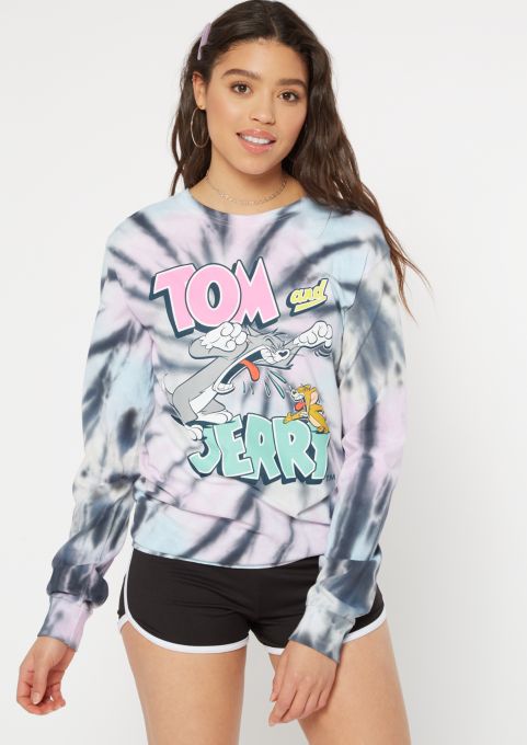 Pastel Tie Dye Tom And Jerry Graphic Tee Long Sleeve Graphic