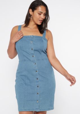 plus button front denim dress