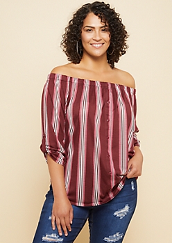 Plus Burgundy Striped Button Front Off The Shoulder Top