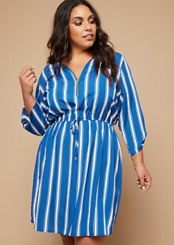 Plus Blue Striped Tab Sleeve Zipper Shirt Dress